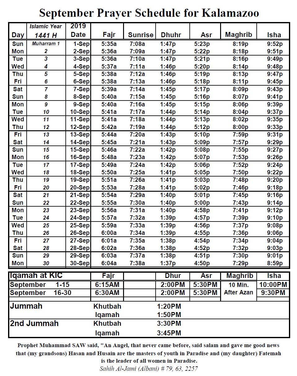 September 2019 Prayer Times | Kalamazoo Islamic Center