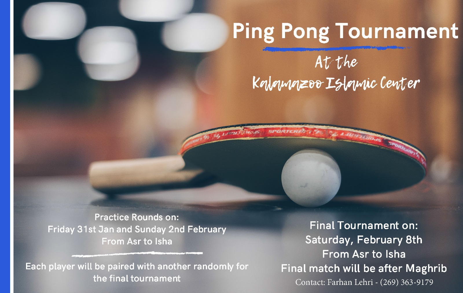 Ping Pong Tournament on Feb 8 Kalamazoo Islamic Center
