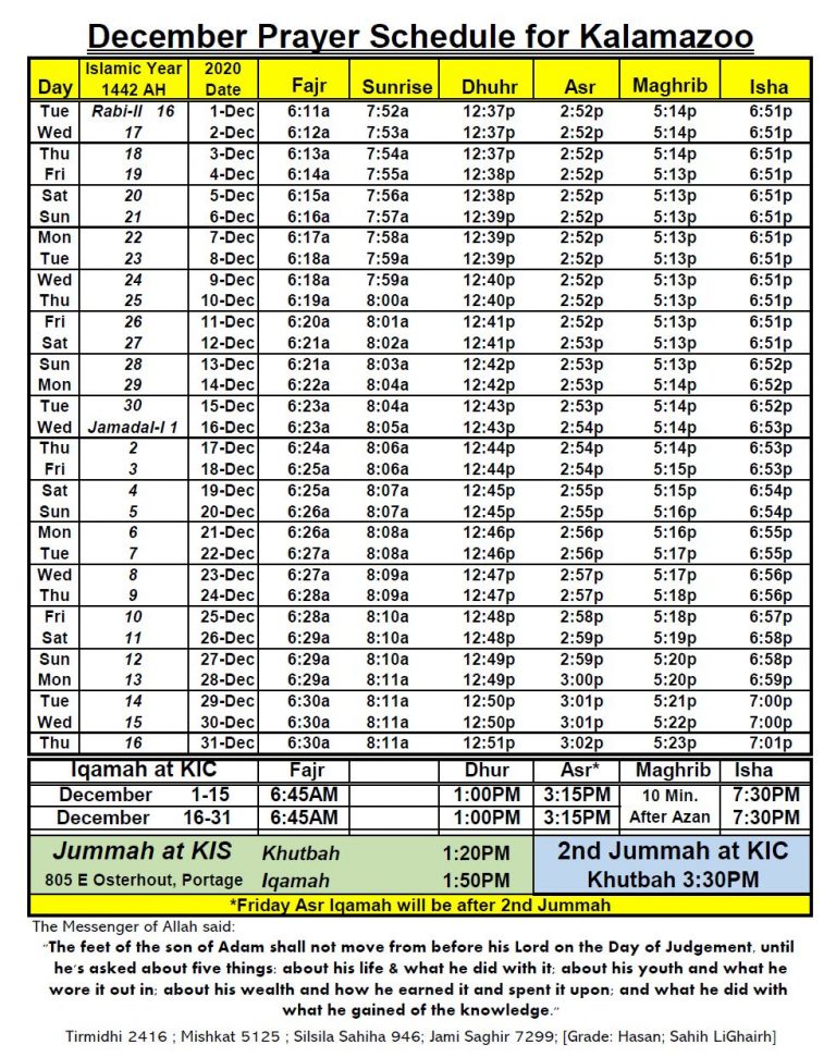 December 2020 Prayer Times | Kalamazoo Islamic Center