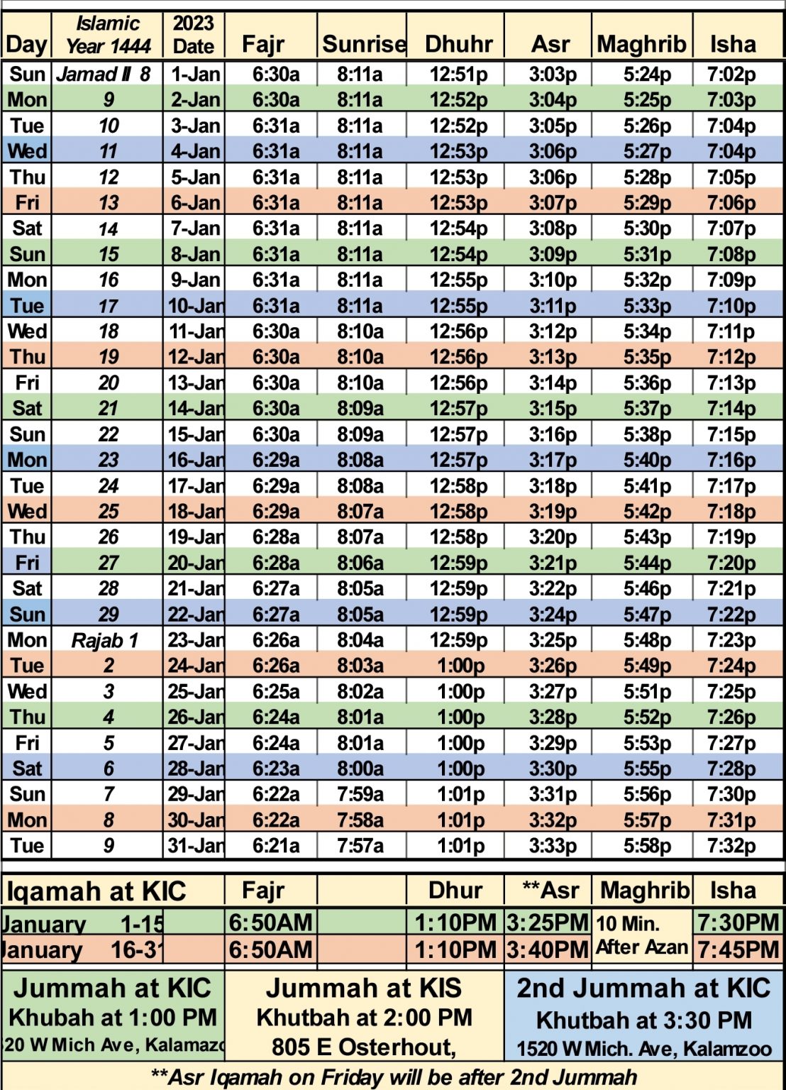 January 2023 Prayer Times Kalamazoo Islamic Center