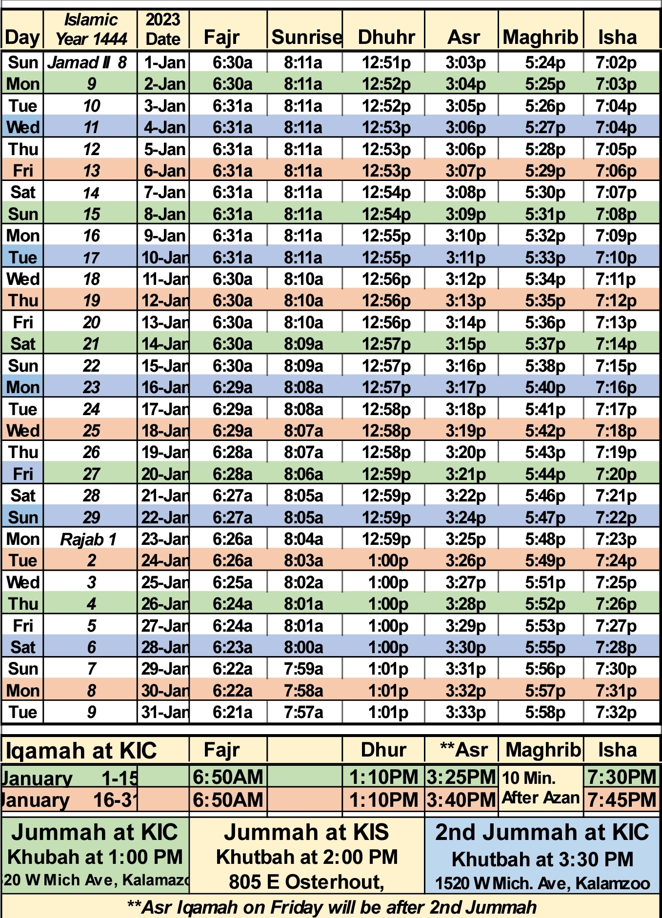 January 2023 Prayer Times Kalamazoo Islamic Center