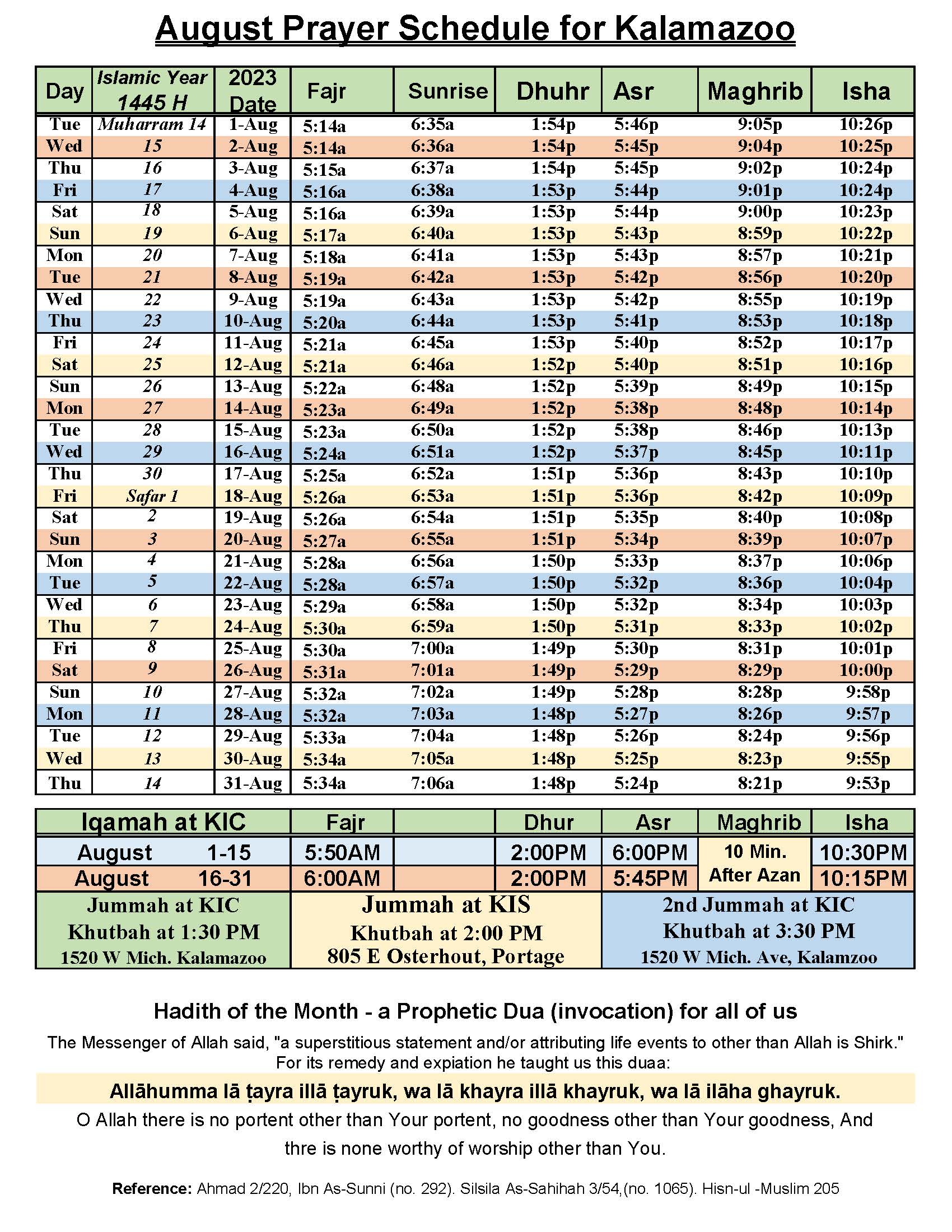August 2023 Prayer Schedule | Kalamazoo Islamic Center