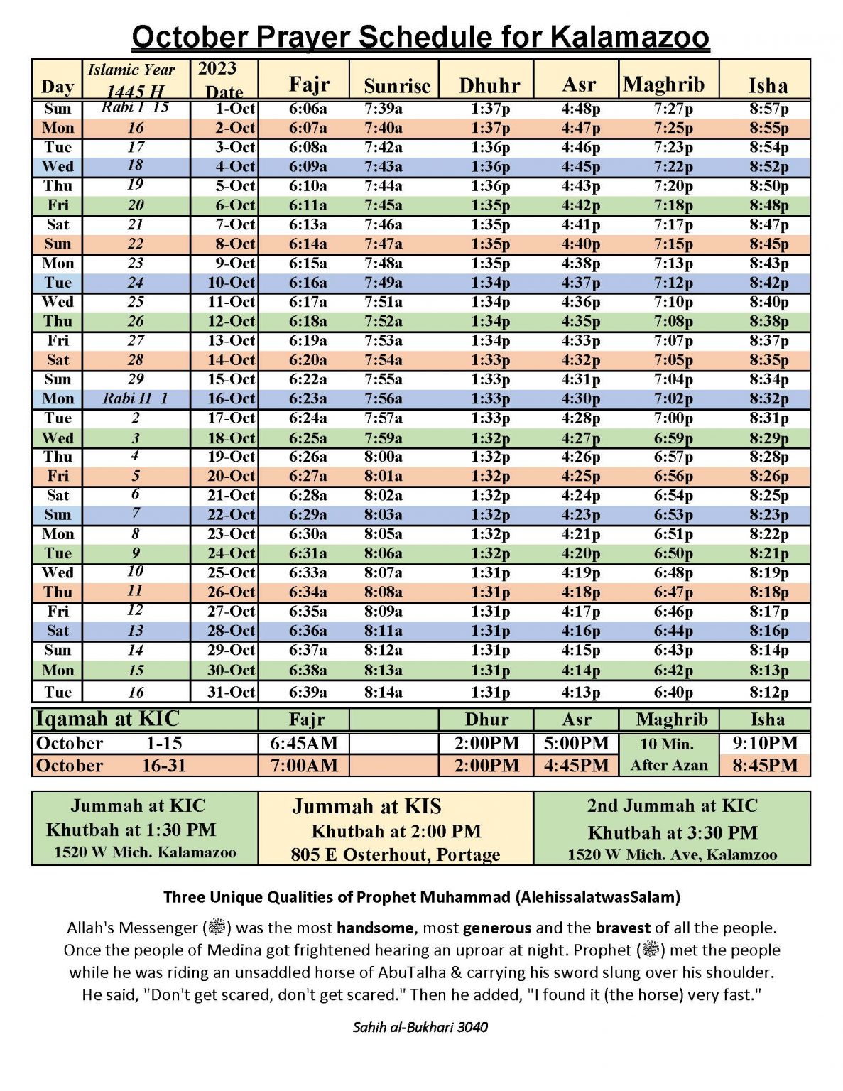 October 2023 Prayer Schedule | Kalamazoo Islamic Center