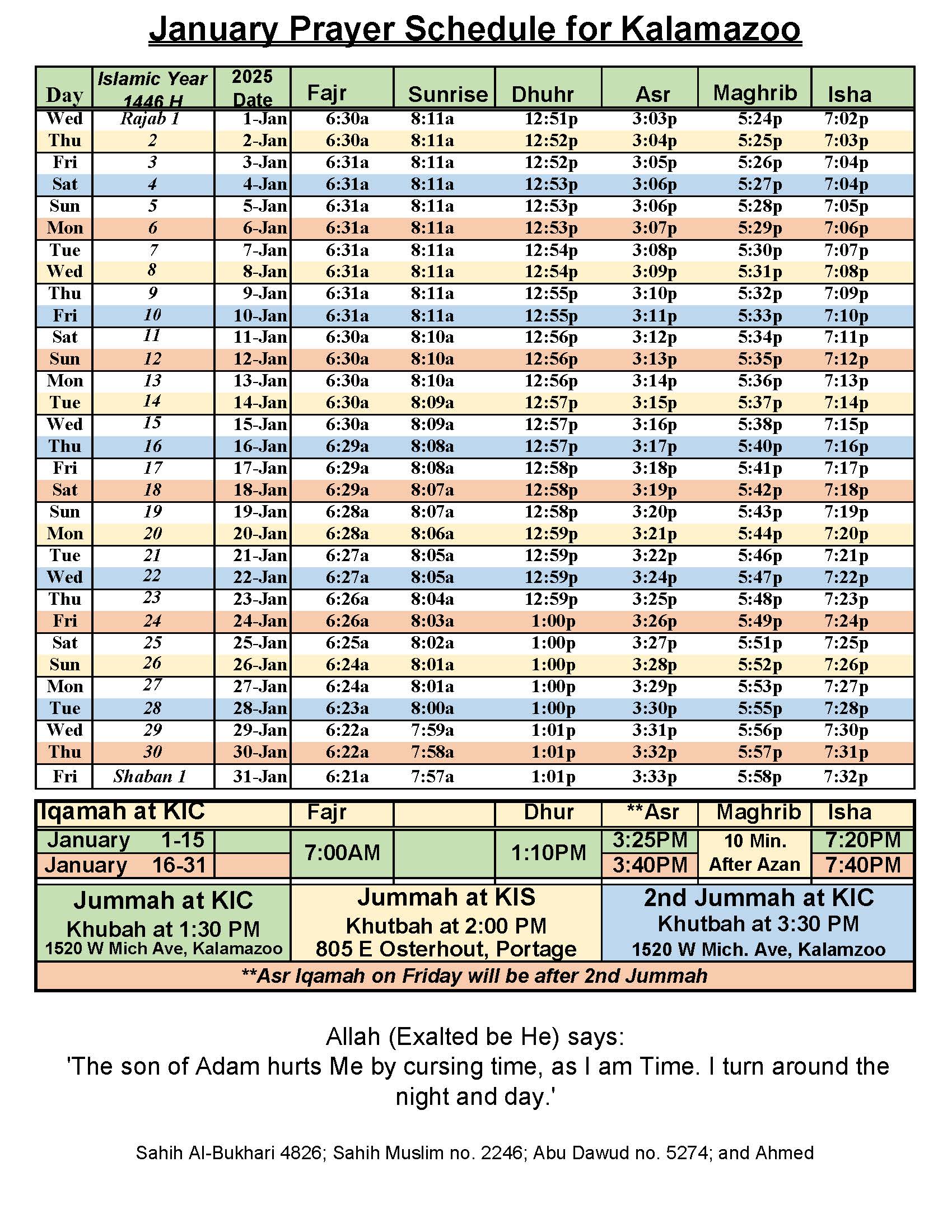 Islamic Prayer Schedule Monthly Printable